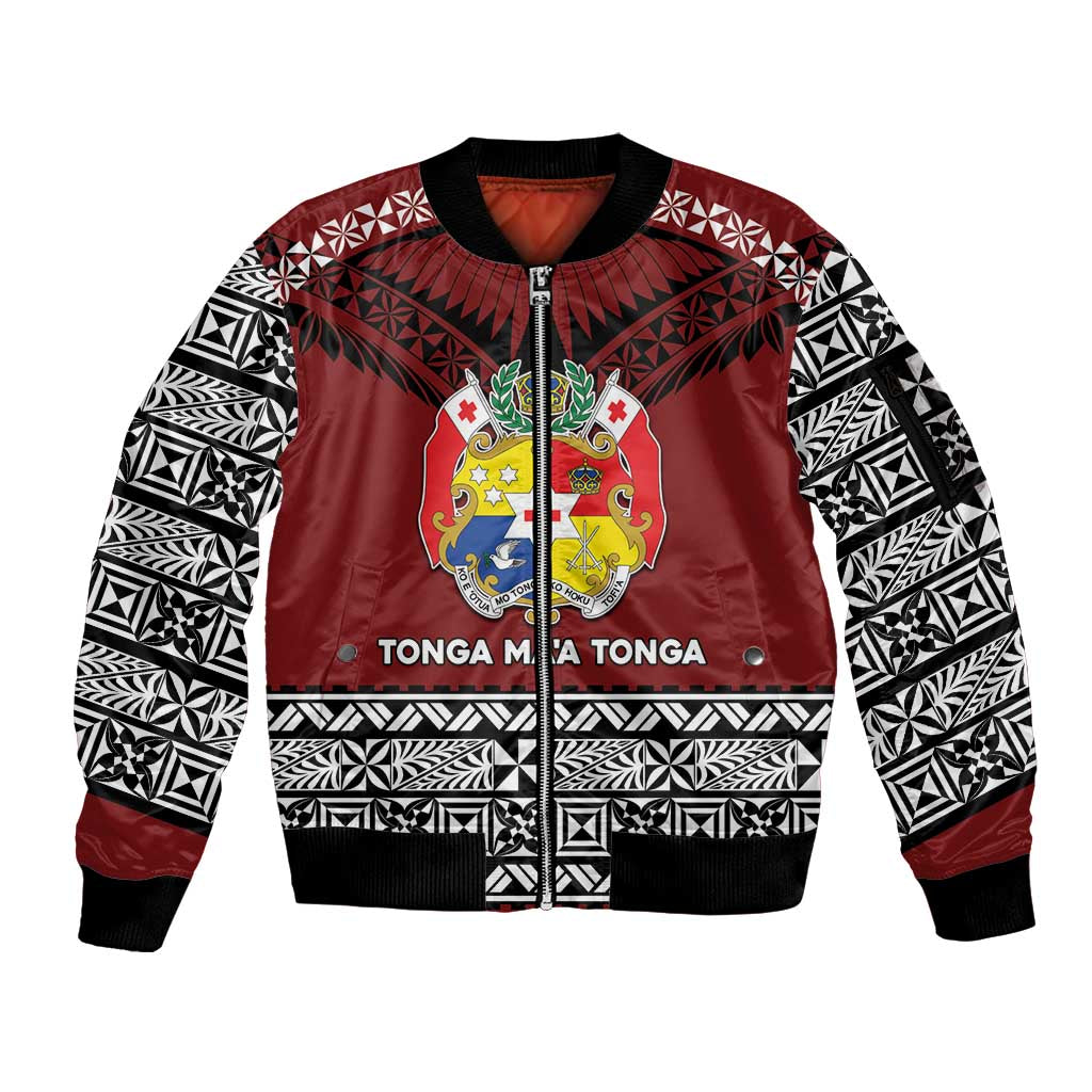 Personalised Tonga Constitution Day Sleeve Zip Bomber Jacket Tongan Kupesi Ngatu Pattern LT05 Unisex Red - Polynesian Pride