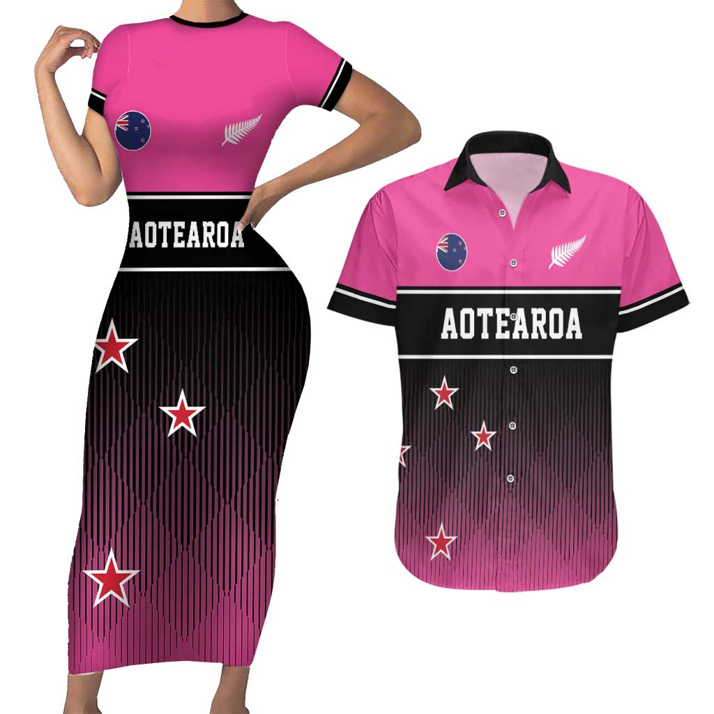 Custom New Zealand Women Cricket Couples Matching Short Sleeve Bodycon Dress and Hawaiian Shirt Pink Simple Style