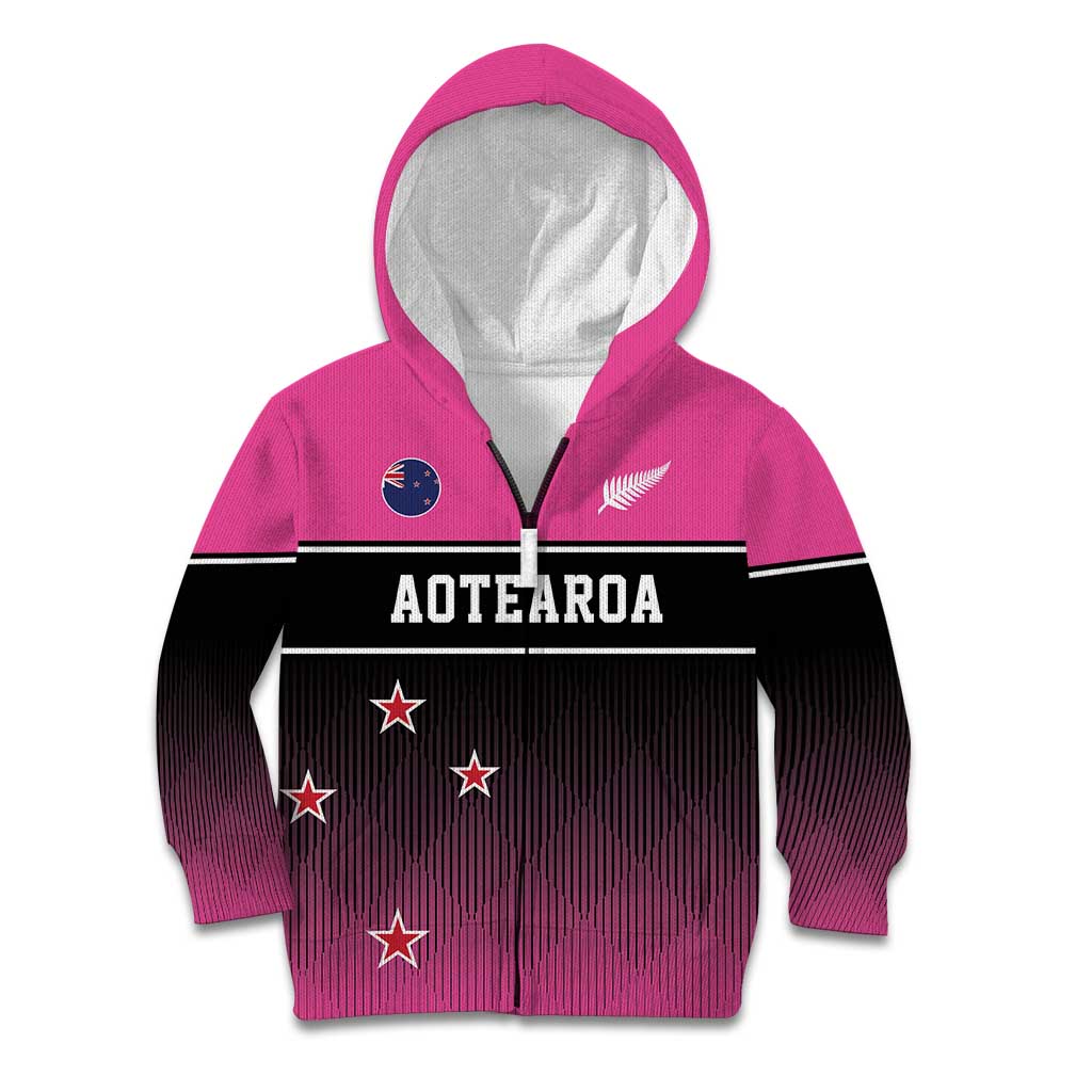 Custom New Zealand Women Cricket Kid Hoodie Pink Simple Style LT05 Zip Hoodie Pink - Polynesian Pride