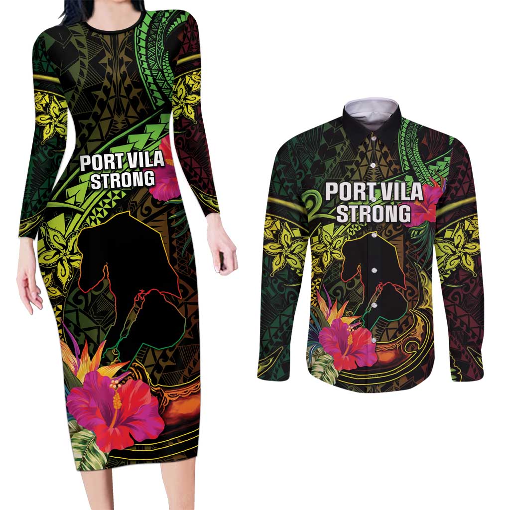 Vanuatu Couples Matching Long Sleeve Bodycon Dress and Long Sleeve Button Shirt Be Strong Pray For Port Vila