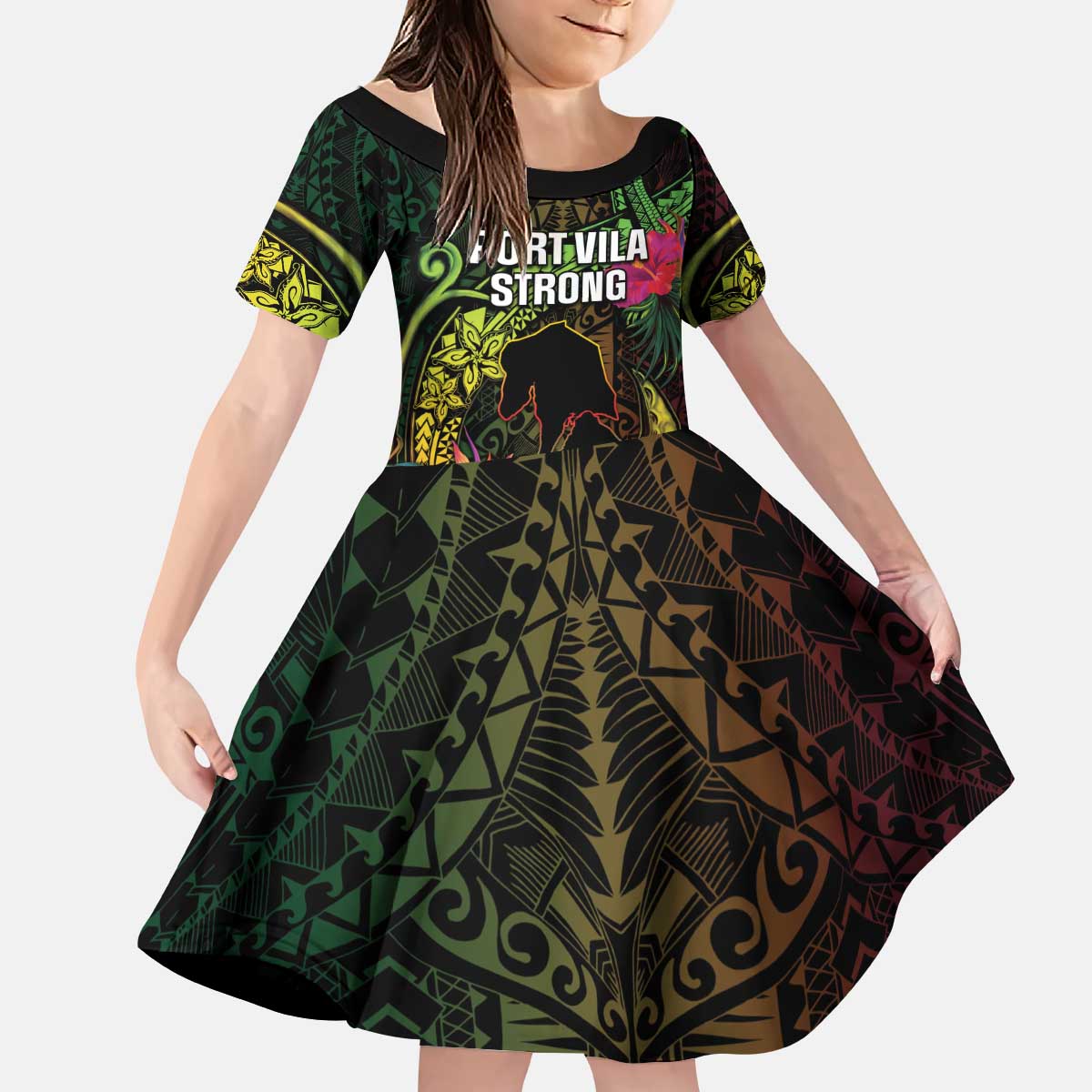 Vanuatu Kid Short Sleeve Dress Be Strong Pray For Port Vila LT05 KID Black - Polynesian Pride