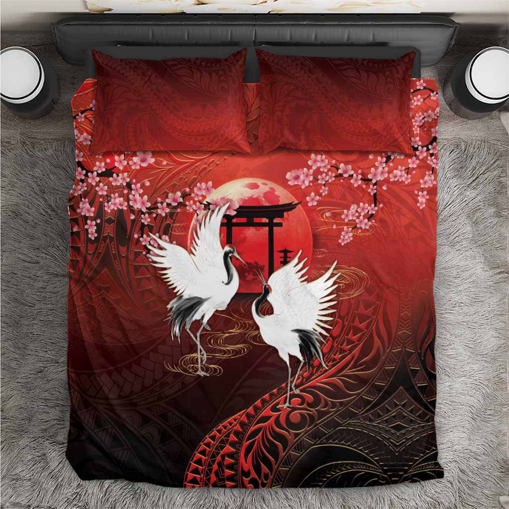 Hawaii and Japan Together Bedding Set Polynesian Art Tattoo With Cranes And Sakura LT05 Red - Polynesian Pride