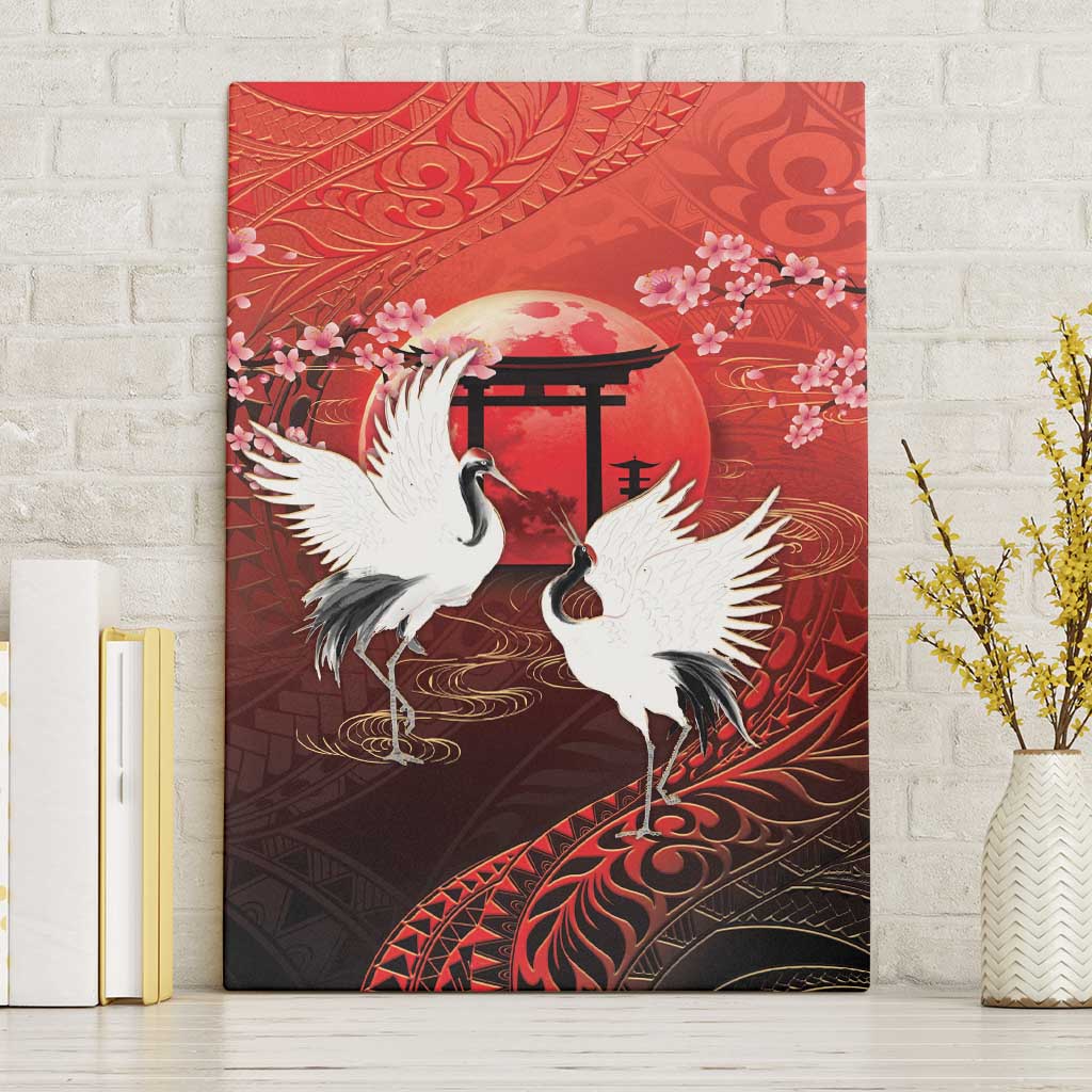 Hawaii and Japan Together Canvas Wall Art Polynesian Art Tattoo With Cranes And Sakura LT05 Without Frame Red - Polynesian Pride