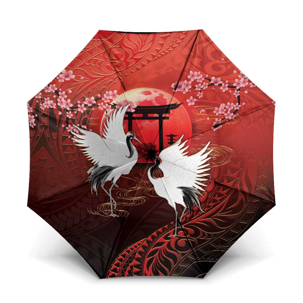 Hawaii and Japan Together Umbrella Polynesian Art Tattoo With Cranes And Sakura LT05 One Size Folded 11.42 inch Opened Diameter 37.4 inch Red - Polynesian Pride