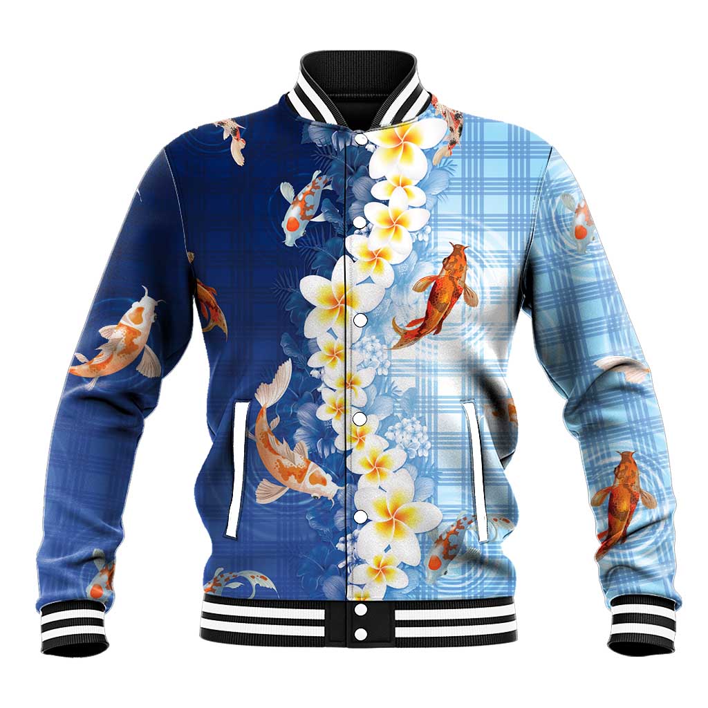 Hawaii And Japan Baseball Jacket Plumeria Lei With Koi Fish Blue LT05 Unisex Blue - Polynesian Pride