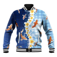 Hawaii And Japan Baseball Jacket Plumeria Lei With Koi Fish Blue LT05 Unisex Blue - Polynesian Pride