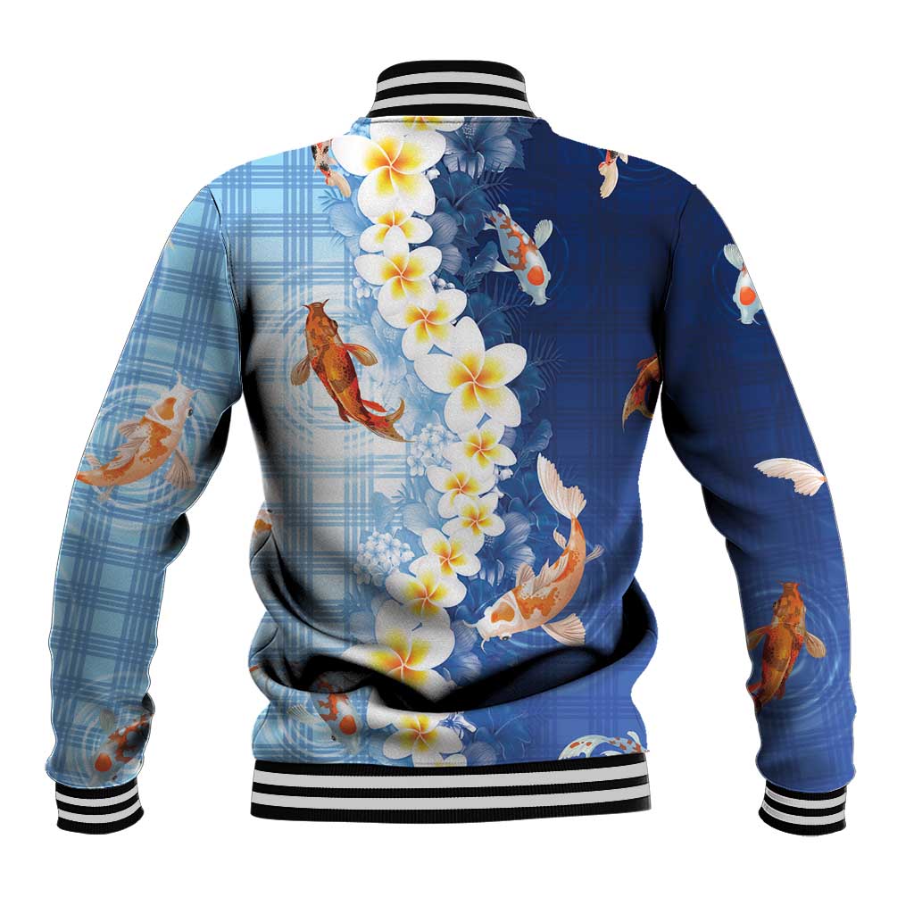 Hawaii And Japan Baseball Jacket Plumeria Lei With Koi Fish Blue LT05 - Polynesian Pride