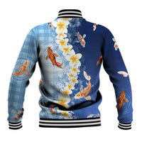 Hawaii And Japan Baseball Jacket Plumeria Lei With Koi Fish Blue LT05 - Polynesian Pride