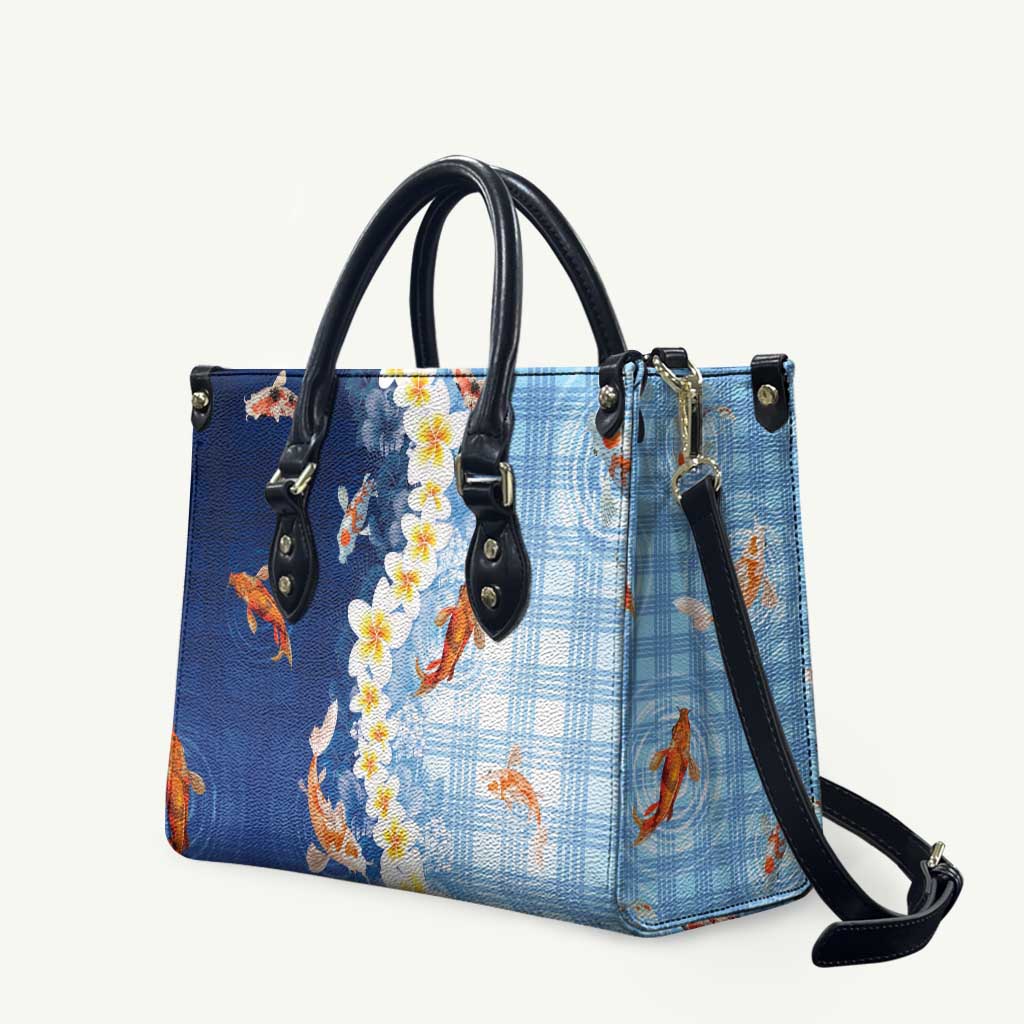 Hawaii And Japan Leather Bag Plumeria Lei With Koi Fish Blue LT05 Blue - Polynesian Pride