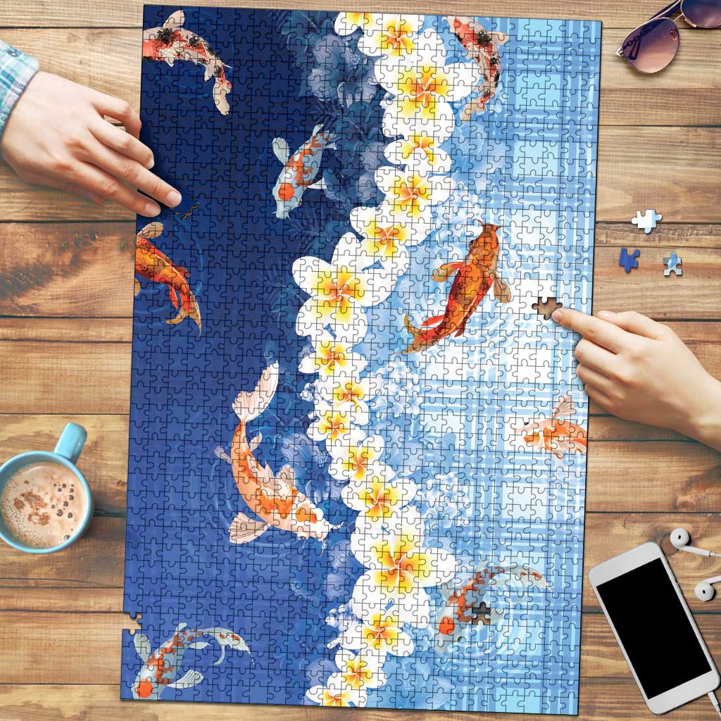 Hawaii And Japan Puzzle Plumeria Lei With Koi Fish Blue LT05 Blue - Polynesian Pride