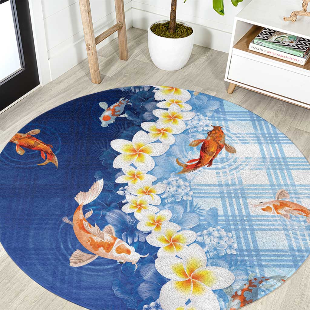 Hawaii And Japan Round Carpet Plumeria Lei With Koi Fish Blue LT05 Blue - Polynesian Pride