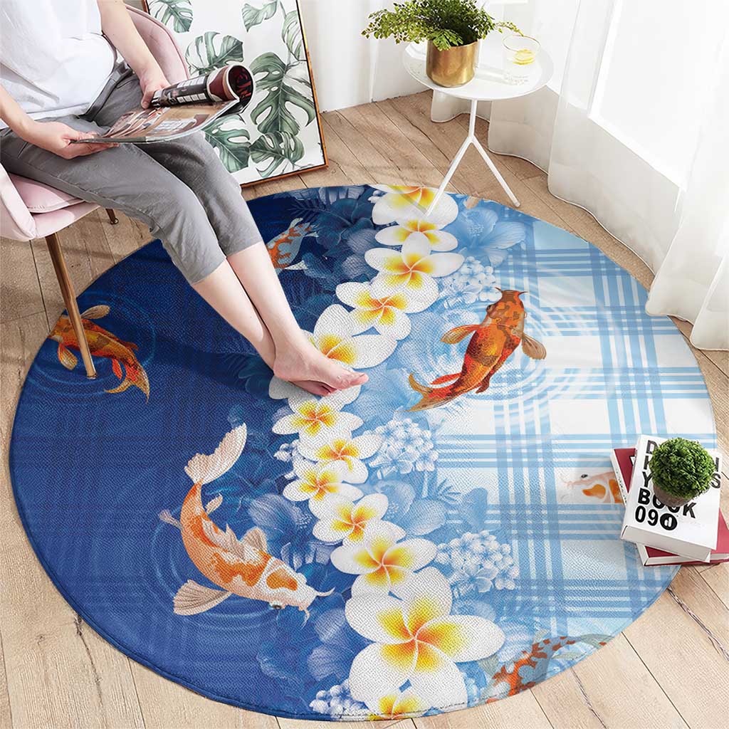 Hawaii And Japan Round Carpet Plumeria Lei With Koi Fish Blue LT05 - Polynesian Pride