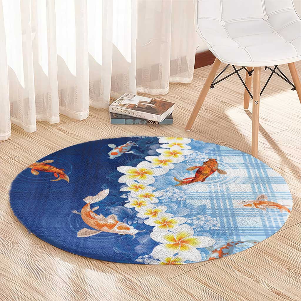 Hawaii And Japan Round Carpet Plumeria Lei With Koi Fish Blue LT05 - Polynesian Pride