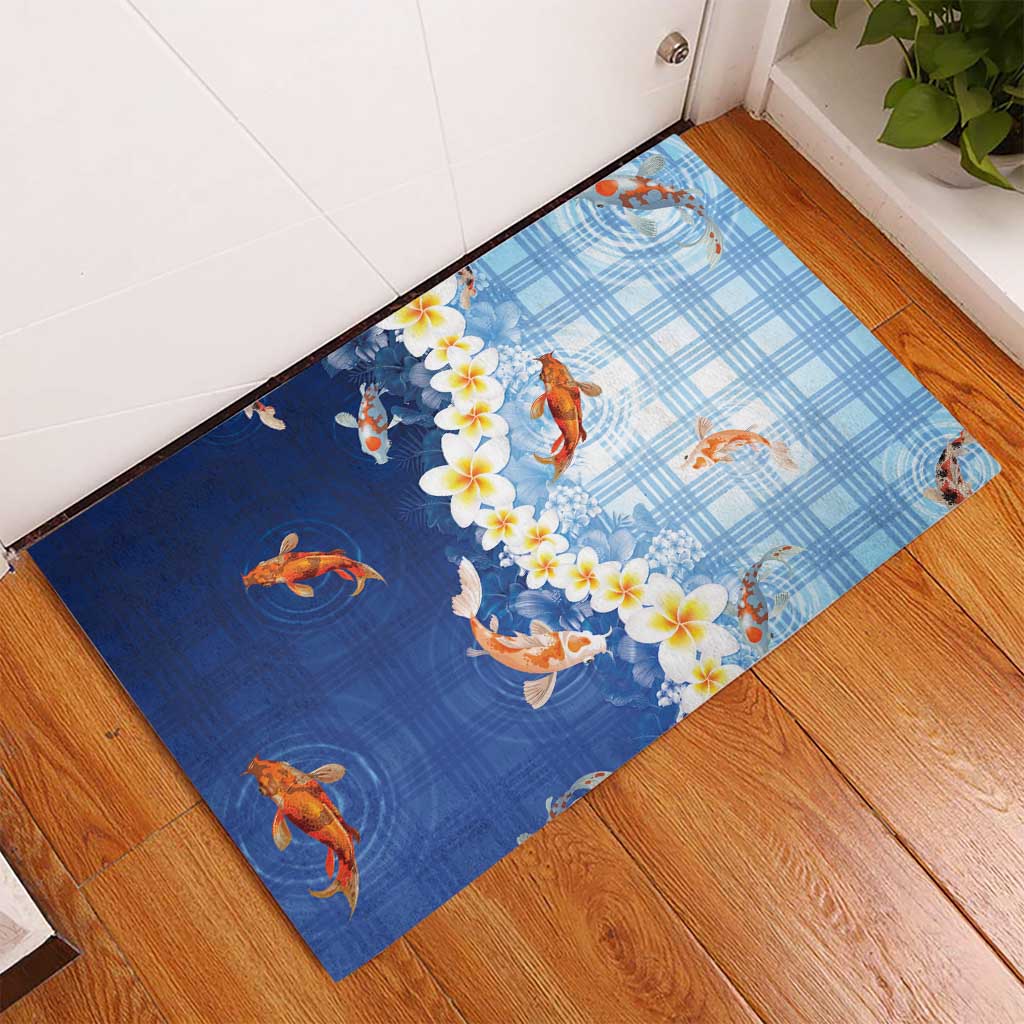 Hawaii And Japan Rubber Doormat Plumeria Lei With Koi Fish Blue LT05 - Polynesian Pride