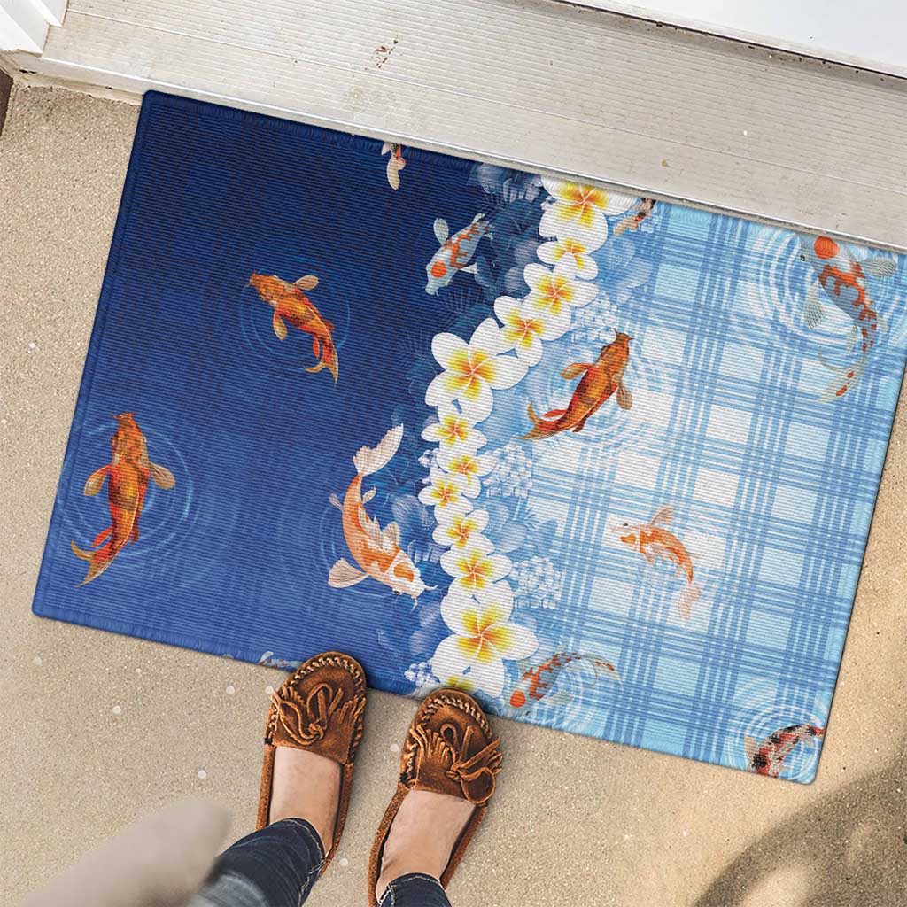 Hawaii And Japan Rubber Doormat Plumeria Lei With Koi Fish Blue LT05 - Polynesian Pride