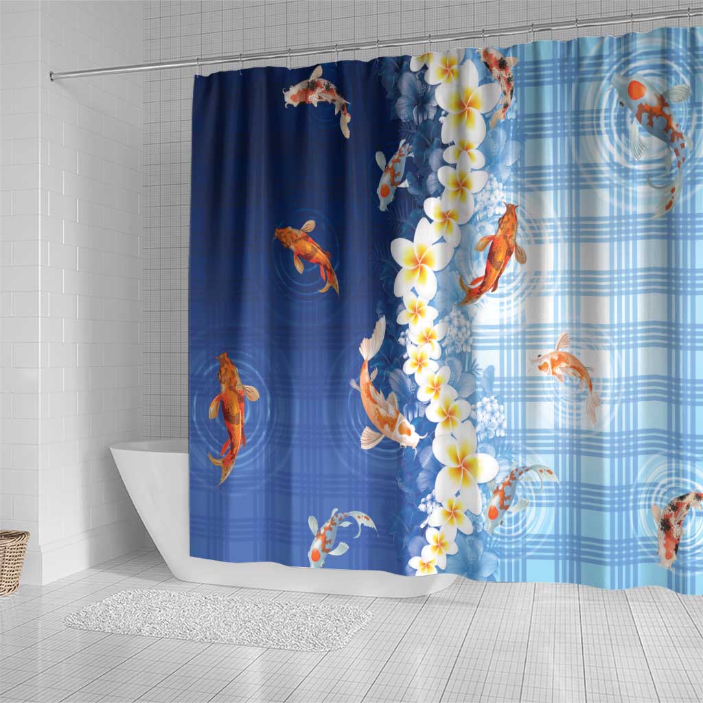 Hawaii And Japan Shower Curtain Plumeria Lei With Koi Fish Blue LT05 - Polynesian Pride