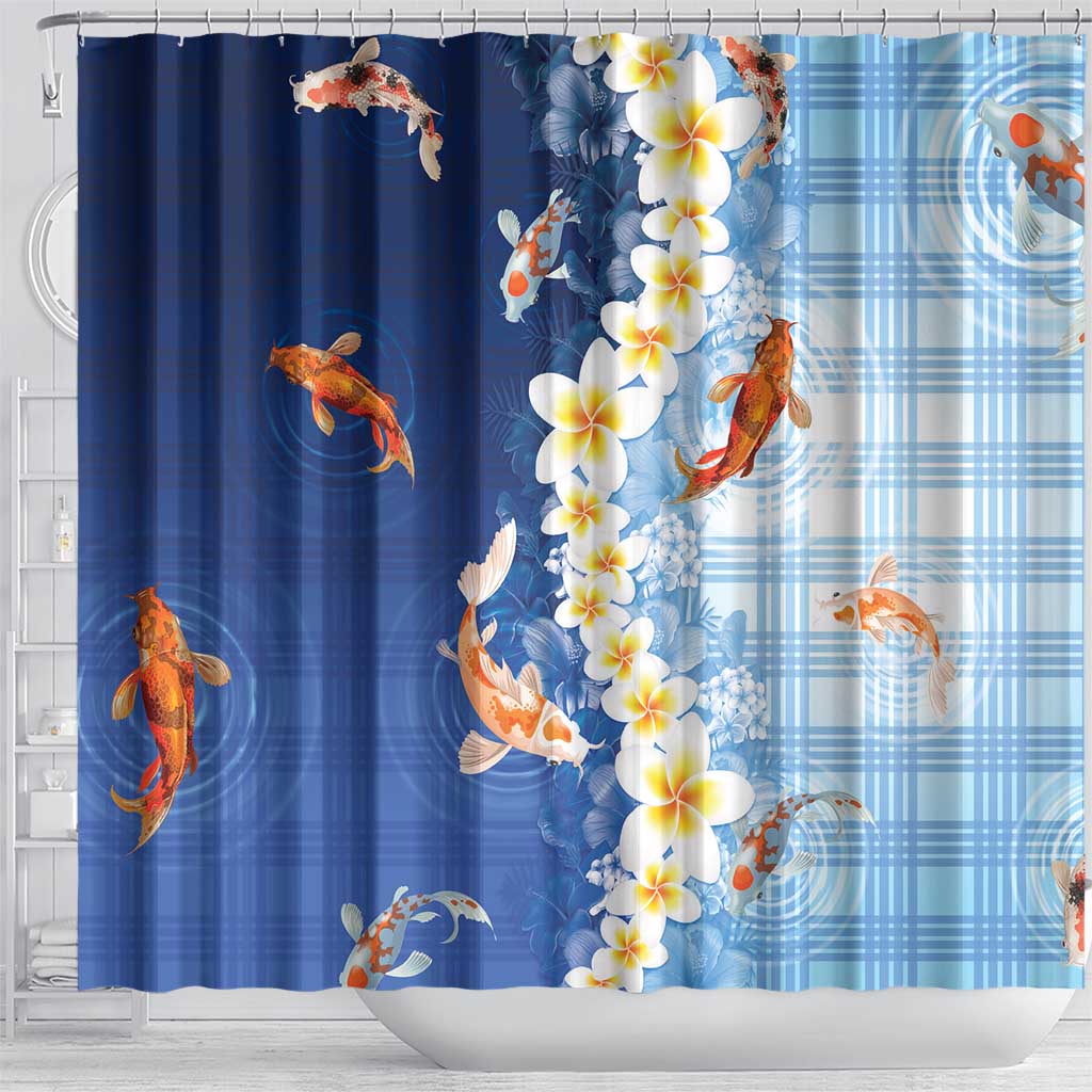 Hawaii And Japan Shower Curtain Plumeria Lei With Koi Fish Blue LT05 - Polynesian Pride