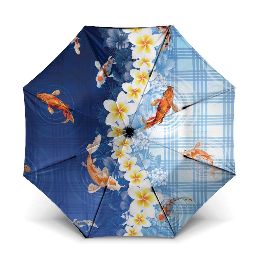 Hawaii And Japan Umbrella Plumeria Lei With Koi Fish Blue LT05 One Size Folded 11.42 inch Opened Diameter 37.4 inch Blue - Polynesian Pride