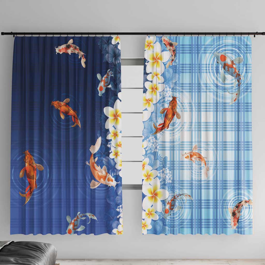 Hawaii And Japan Window Curtain Plumeria Lei With Koi Fish Blue LT05 With Hooks Blue - Polynesian Pride