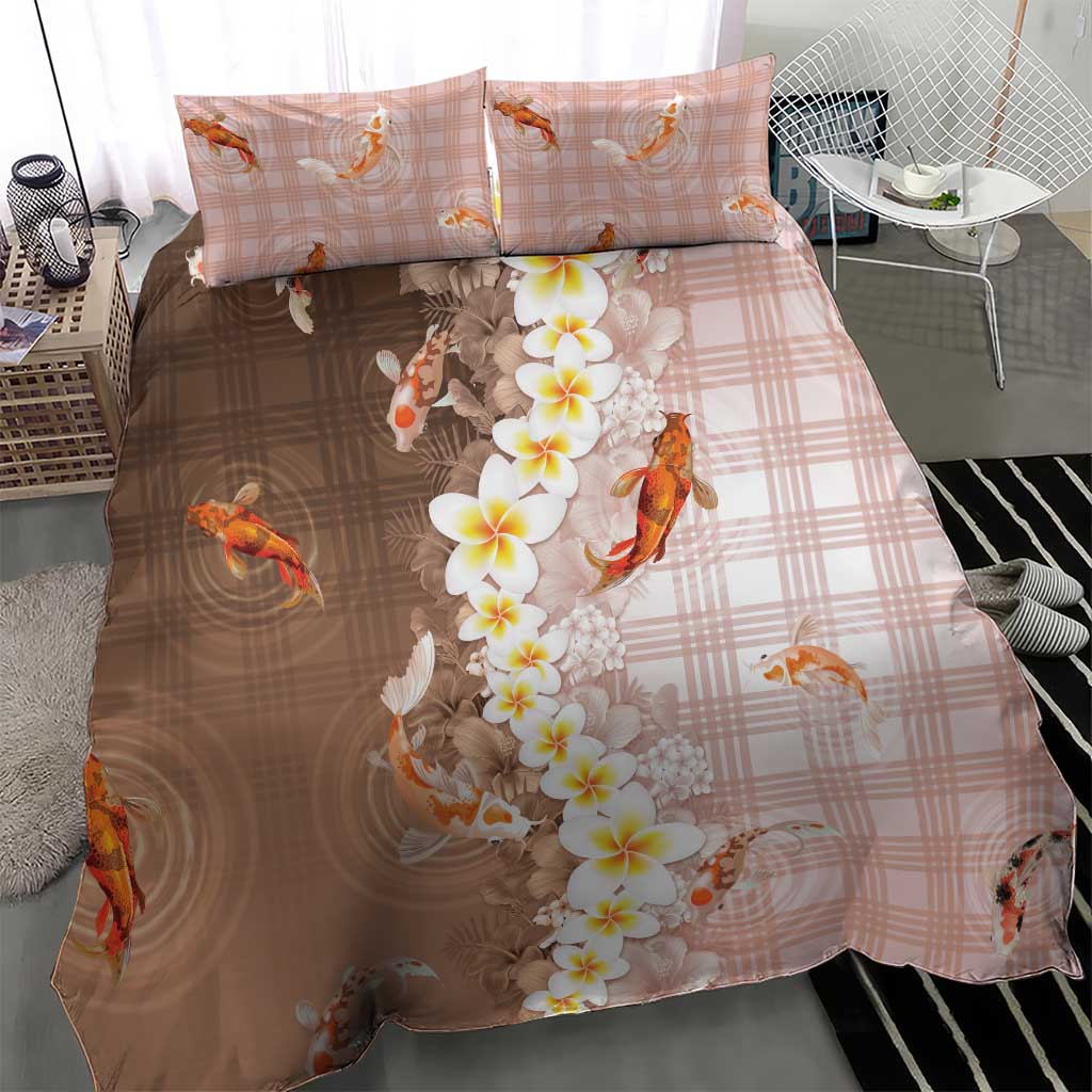 Hawaii And Japan Bedding Set Plumeria Lei With Koi Fish Beige LT05 - Polynesian Pride