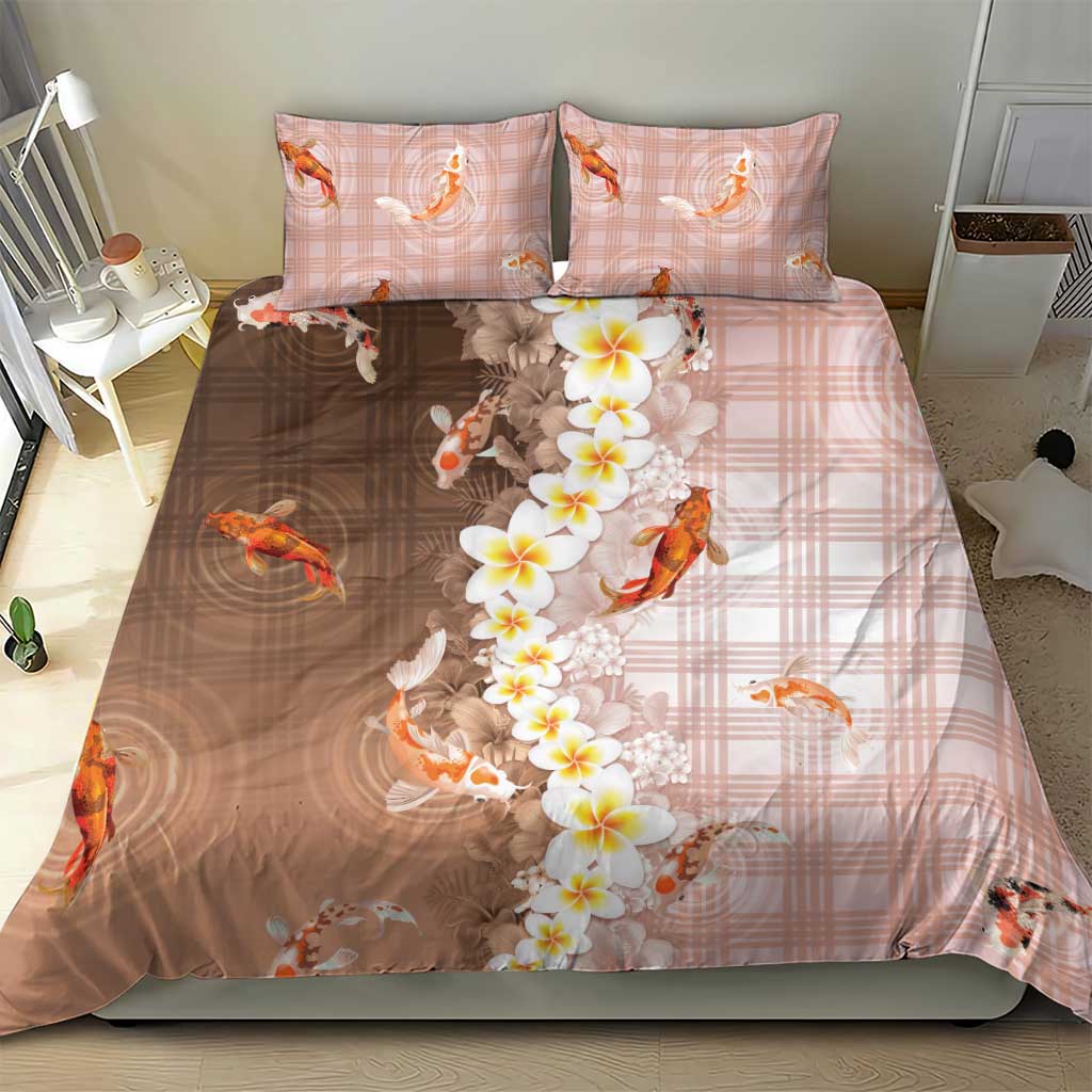 Hawaii And Japan Bedding Set Plumeria Lei With Koi Fish Beige LT05 - Polynesian Pride