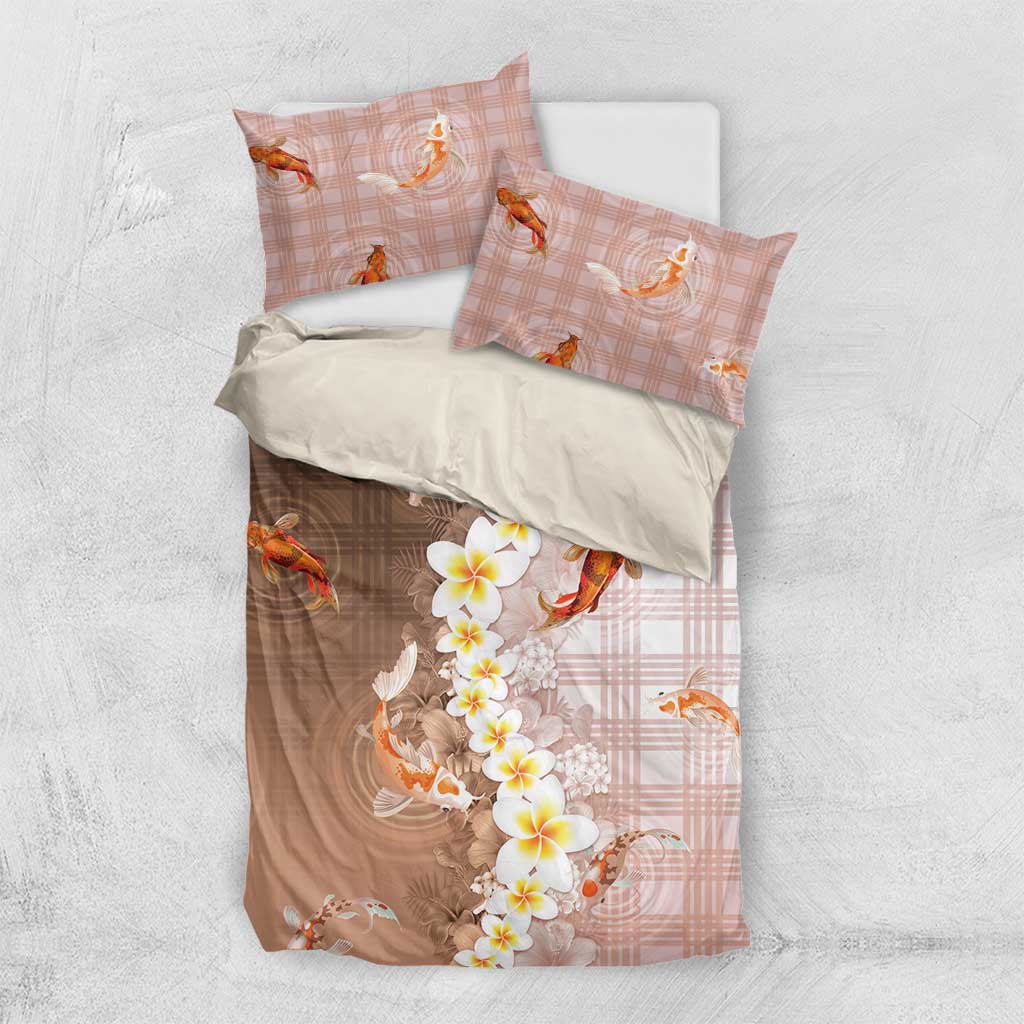 Hawaii And Japan Bedding Set Plumeria Lei With Koi Fish Beige LT05 US Twin 172cm x 218cm Beige - Polynesian Pride