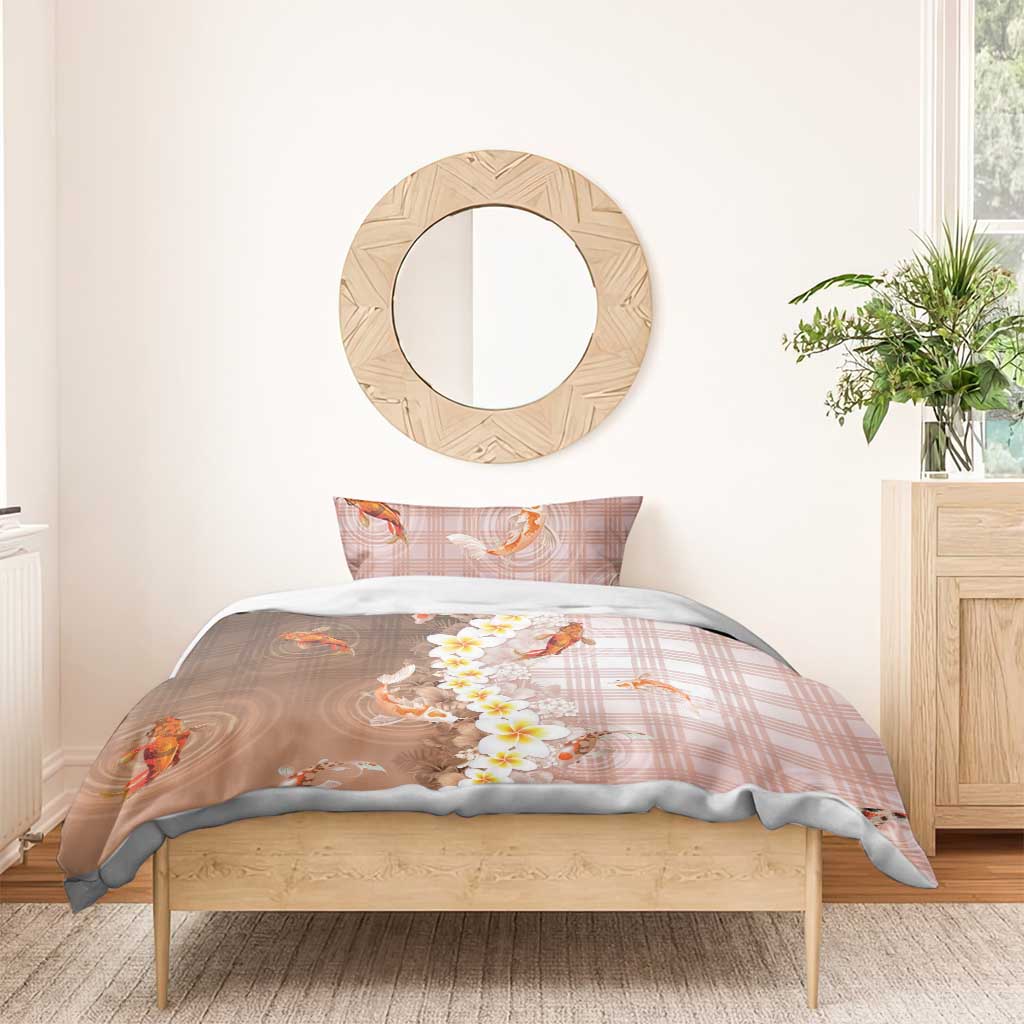 Hawaii And Japan Bedding Set Plumeria Lei With Koi Fish Beige LT05 - Polynesian Pride