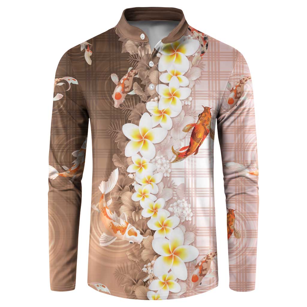 Hawaii And Japan Button Sweatshirt Plumeria Lei With Koi Fish Beige LT05 Beige - Polynesian Pride