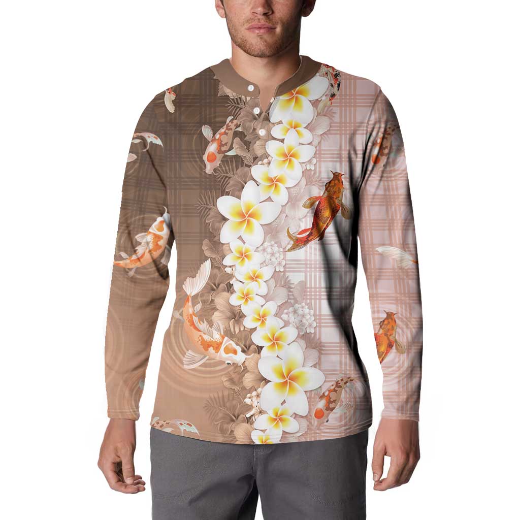 Hawaii And Japan Button Sweatshirt Plumeria Lei With Koi Fish Beige LT05 - Polynesian Pride