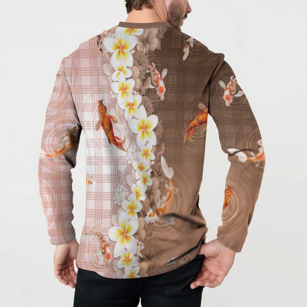 Hawaii And Japan Button Sweatshirt Plumeria Lei With Koi Fish Beige LT05 - Polynesian Pride