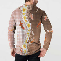 Hawaii And Japan Button Sweatshirt Plumeria Lei With Koi Fish Beige LT05 - Polynesian Pride