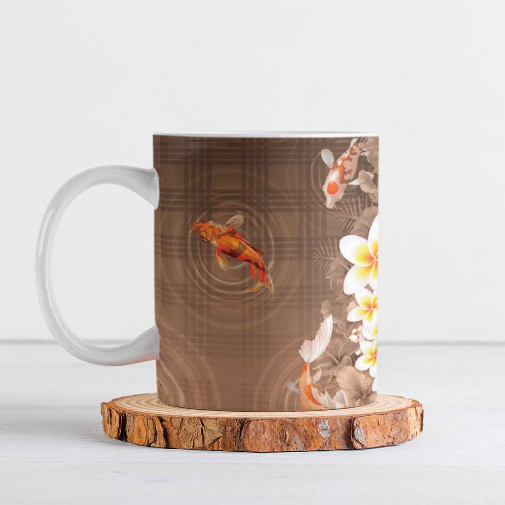 Hawaii And Japan Ceramic Mug Plumeria Lei With Koi Fish Beige LT05 Beige - Polynesian Pride