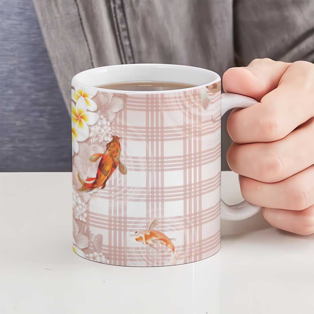 Hawaii And Japan Ceramic Mug Plumeria Lei With Koi Fish Beige LT05 - Polynesian Pride