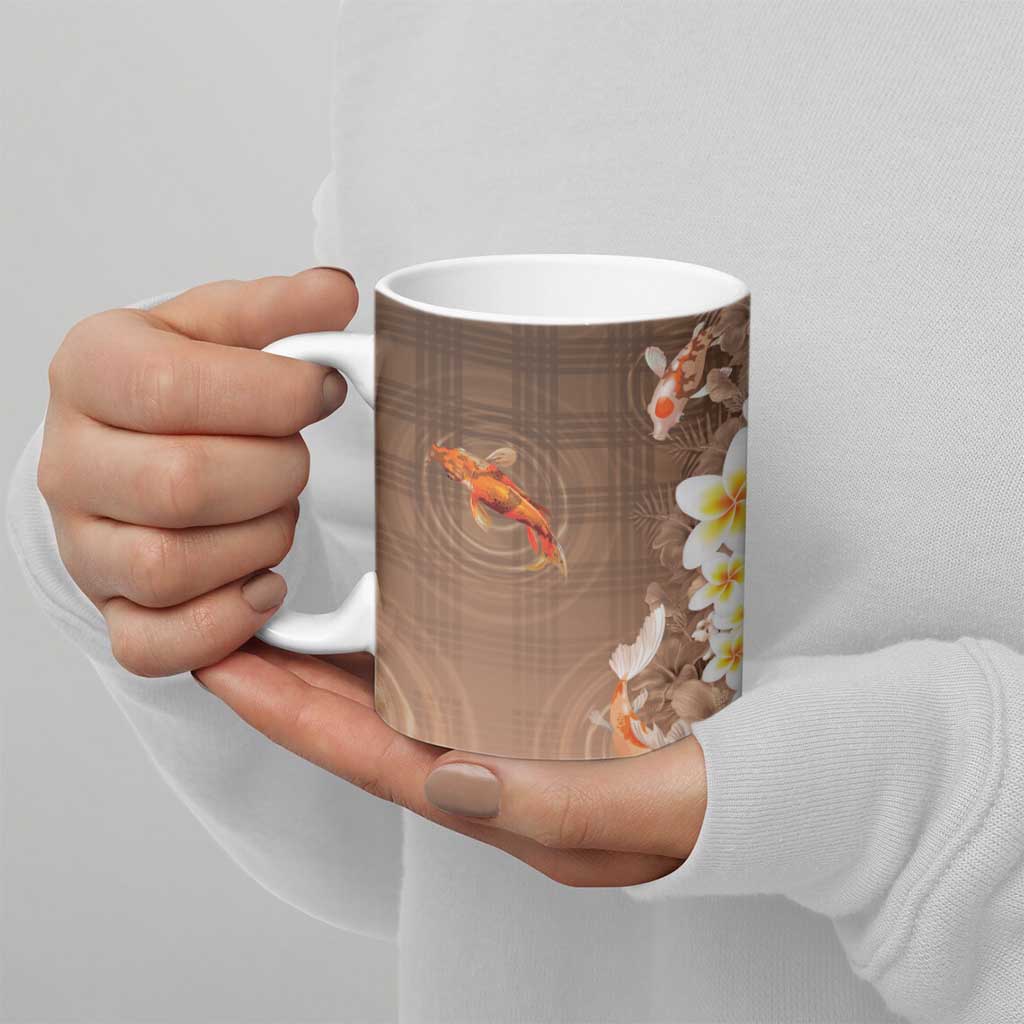 Hawaii And Japan Ceramic Mug Plumeria Lei With Koi Fish Beige LT05 - Polynesian Pride