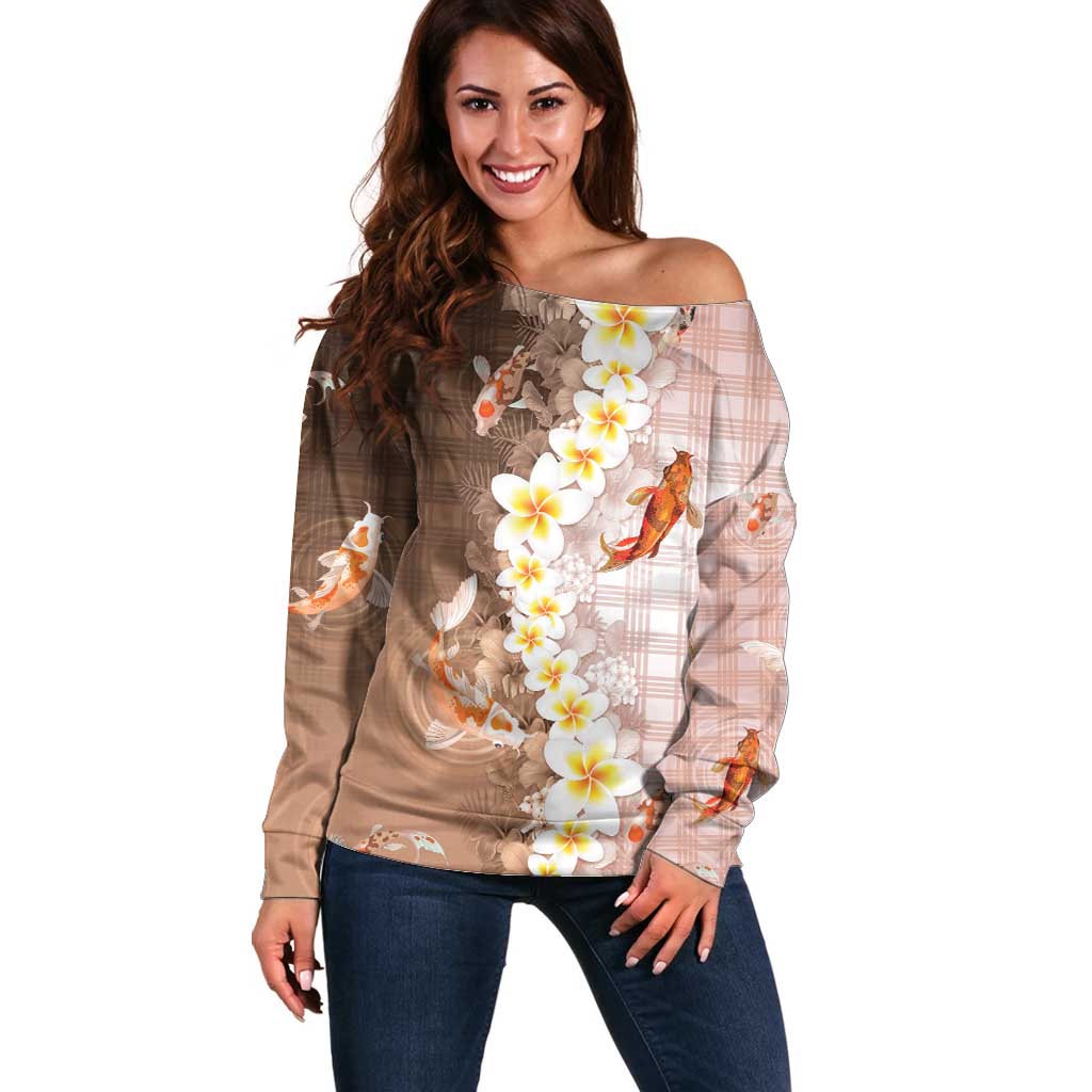 Hawaii And Japan Off Shoulder Sweater Plumeria Lei With Koi Fish Beige LT05 Women Beige - Polynesian Pride