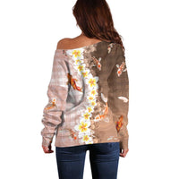 Hawaii And Japan Off Shoulder Sweater Plumeria Lei With Koi Fish Beige LT05 - Polynesian Pride