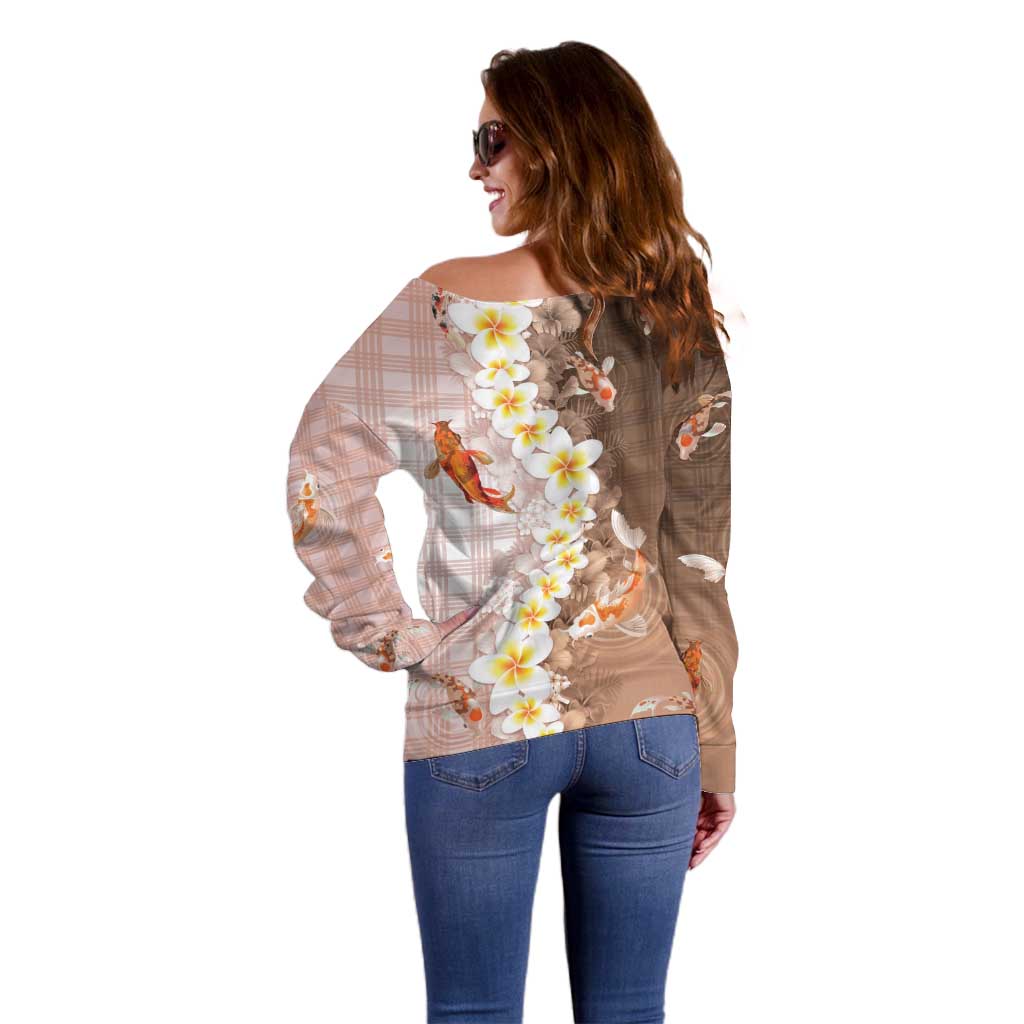 Hawaii And Japan Off Shoulder Sweater Plumeria Lei With Koi Fish Beige LT05 - Polynesian Pride