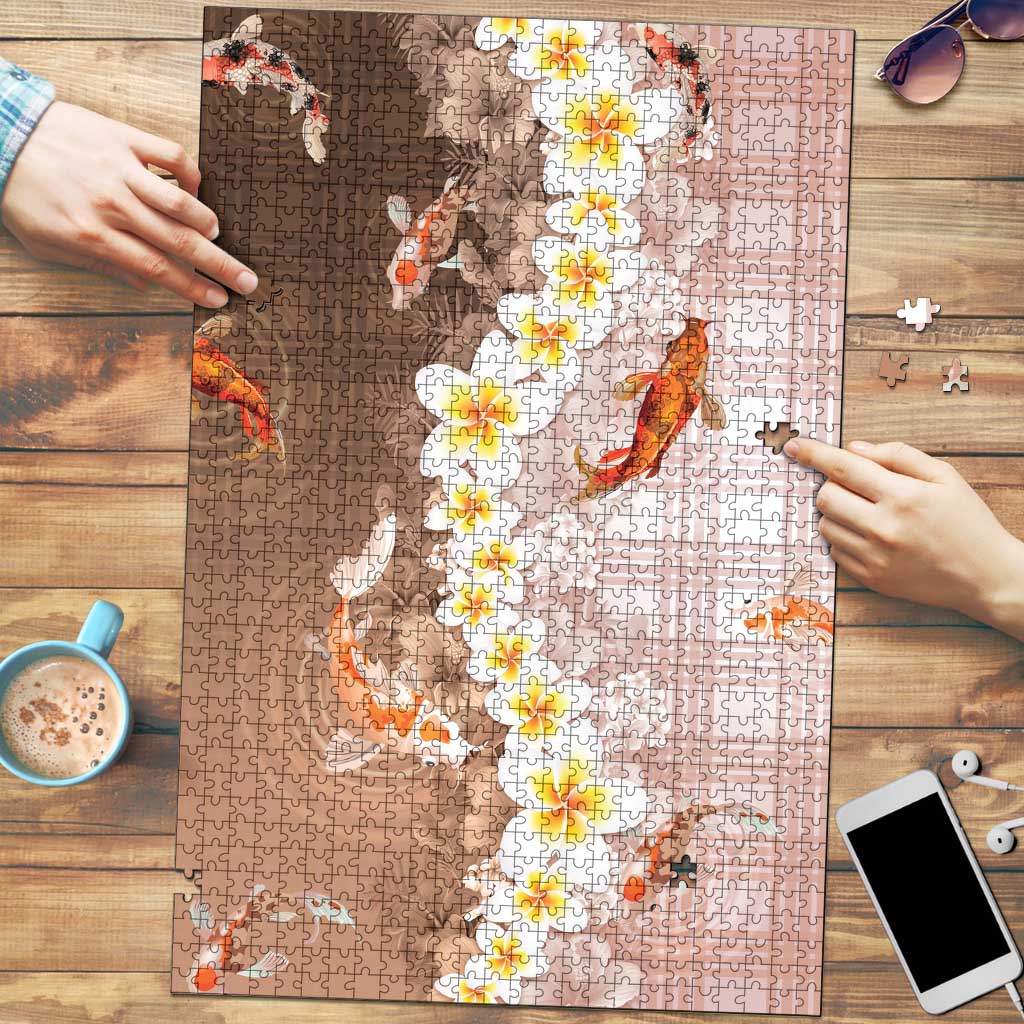 Hawaii And Japan Puzzle Plumeria Lei With Koi Fish Beige LT05 Beige - Polynesian Pride