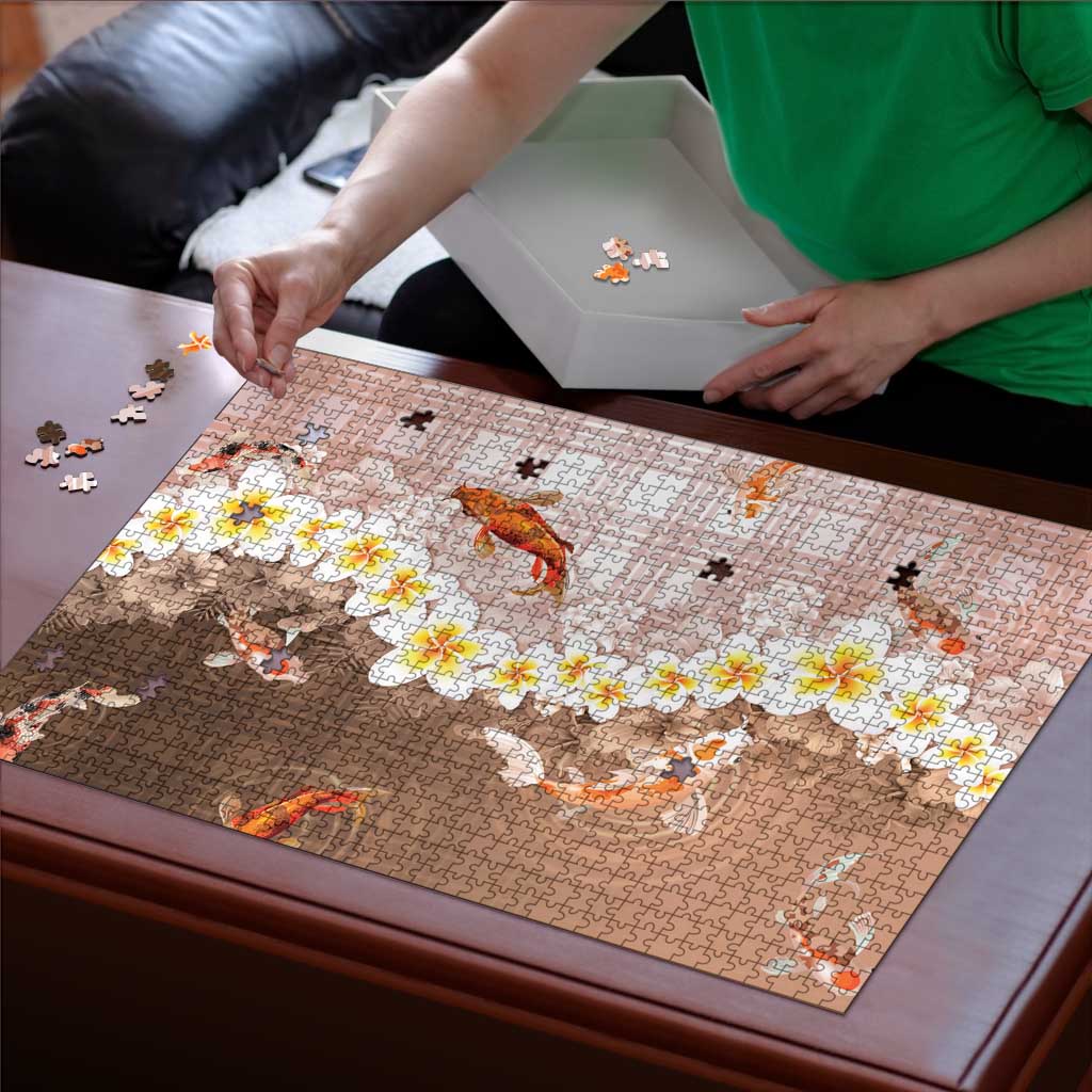 Hawaii And Japan Puzzle Plumeria Lei With Koi Fish Beige LT05 - Polynesian Pride