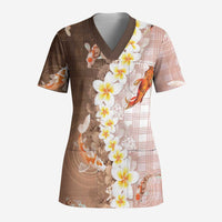 Hawaii And Japan Scrub Top Plumeria Lei With Koi Fish Beige LT05 Adult Beige - Polynesian Pride