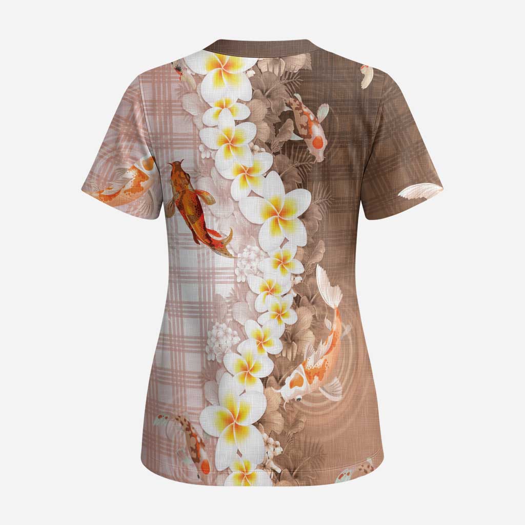 Hawaii And Japan Scrub Top Plumeria Lei With Koi Fish Beige LT05 - Polynesian Pride