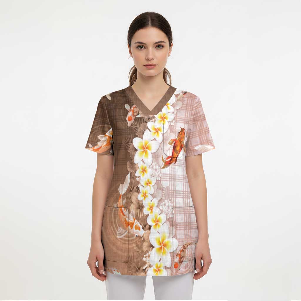Hawaii And Japan Scrub Top Plumeria Lei With Koi Fish Beige LT05 - Polynesian Pride