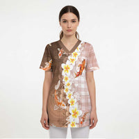 Hawaii And Japan Scrub Top Plumeria Lei With Koi Fish Beige LT05 - Polynesian Pride