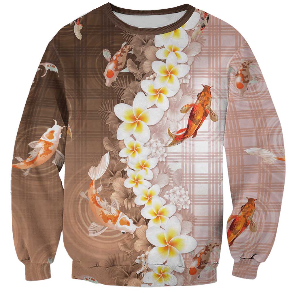 Hawaii And Japan Sweatshirt Plumeria Lei With Koi Fish Beige LT05 Unisex Beige - Polynesian Pride