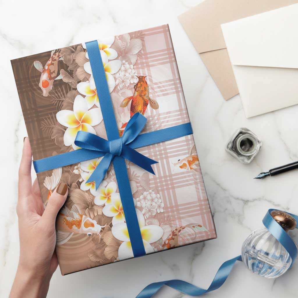 Hawaii And Japan Wrapping Paper Plumeria Lei With Koi Fish Beige LT05 - Polynesian Pride