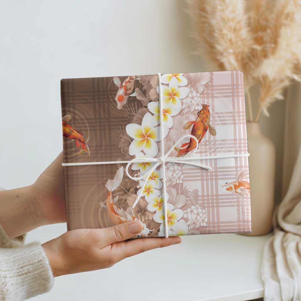 Hawaii And Japan Wrapping Paper Plumeria Lei With Koi Fish Beige LT05 - Polynesian Pride