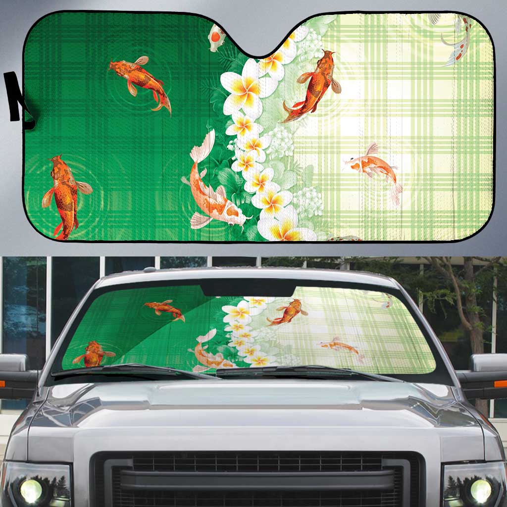 Hawaii And Japan Auto Sun Shade Plumeria Lei With Koi Fish Green LT05 Green - Polynesian Pride
