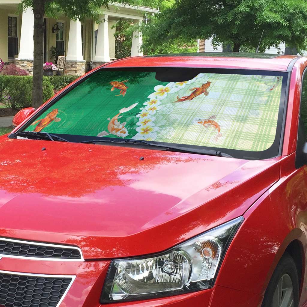 Hawaii And Japan Auto Sun Shade Plumeria Lei With Koi Fish Green LT05 - Polynesian Pride