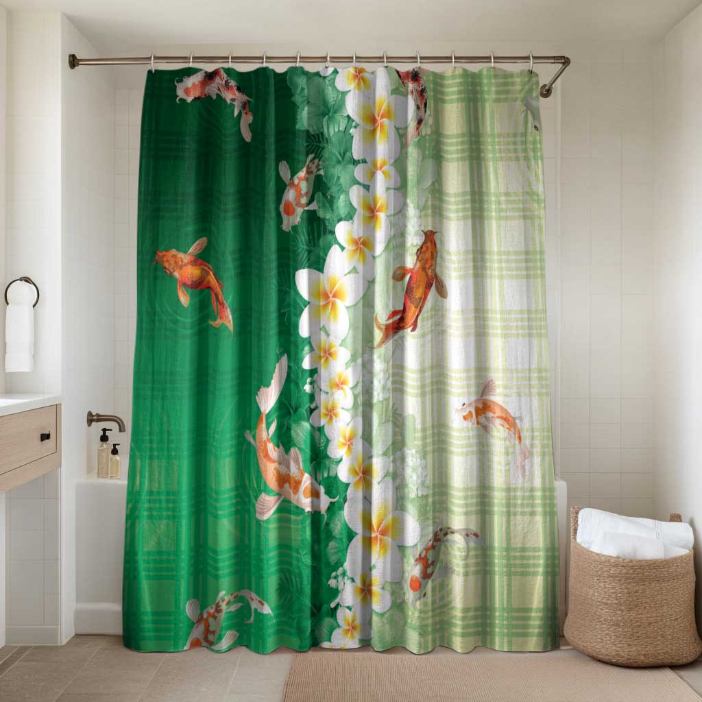Hawaii And Japan Bathroom Set Plumeria Lei With Koi Fish Green LT05 Shower Curtain Only Green - Polynesian Pride