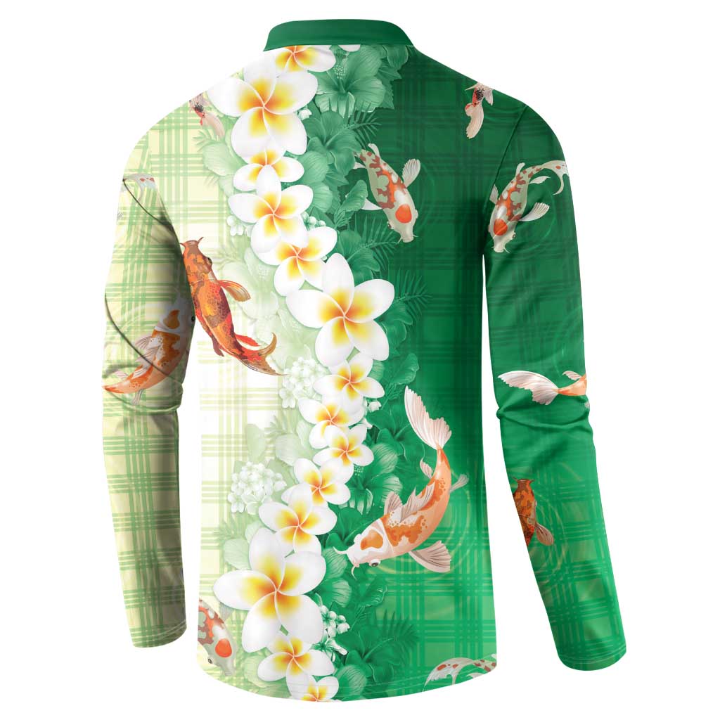 Hawaii And Japan Button Sweatshirt Plumeria Lei With Koi Fish Green LT05 - Polynesian Pride